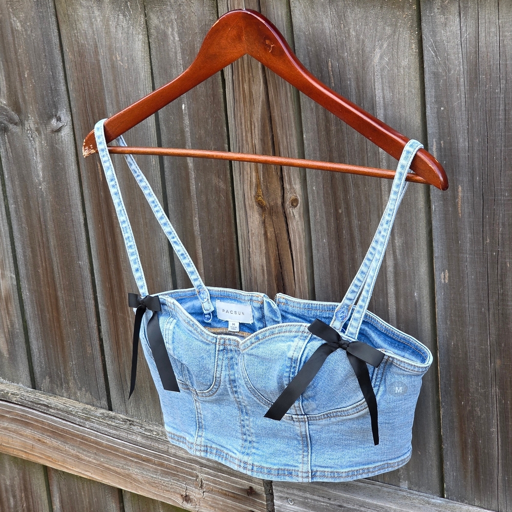 PacSun Denim Bustier Crop Bra Top M Y2K Coquette Bow Corset Style - Picture 7 of 16